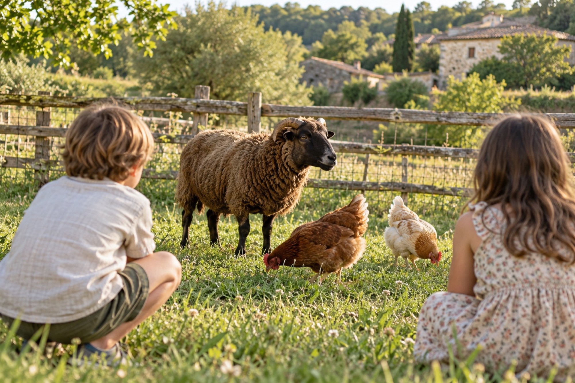 Kinder beobachten ein Kamerunschaf und Hühner bei La Bastide